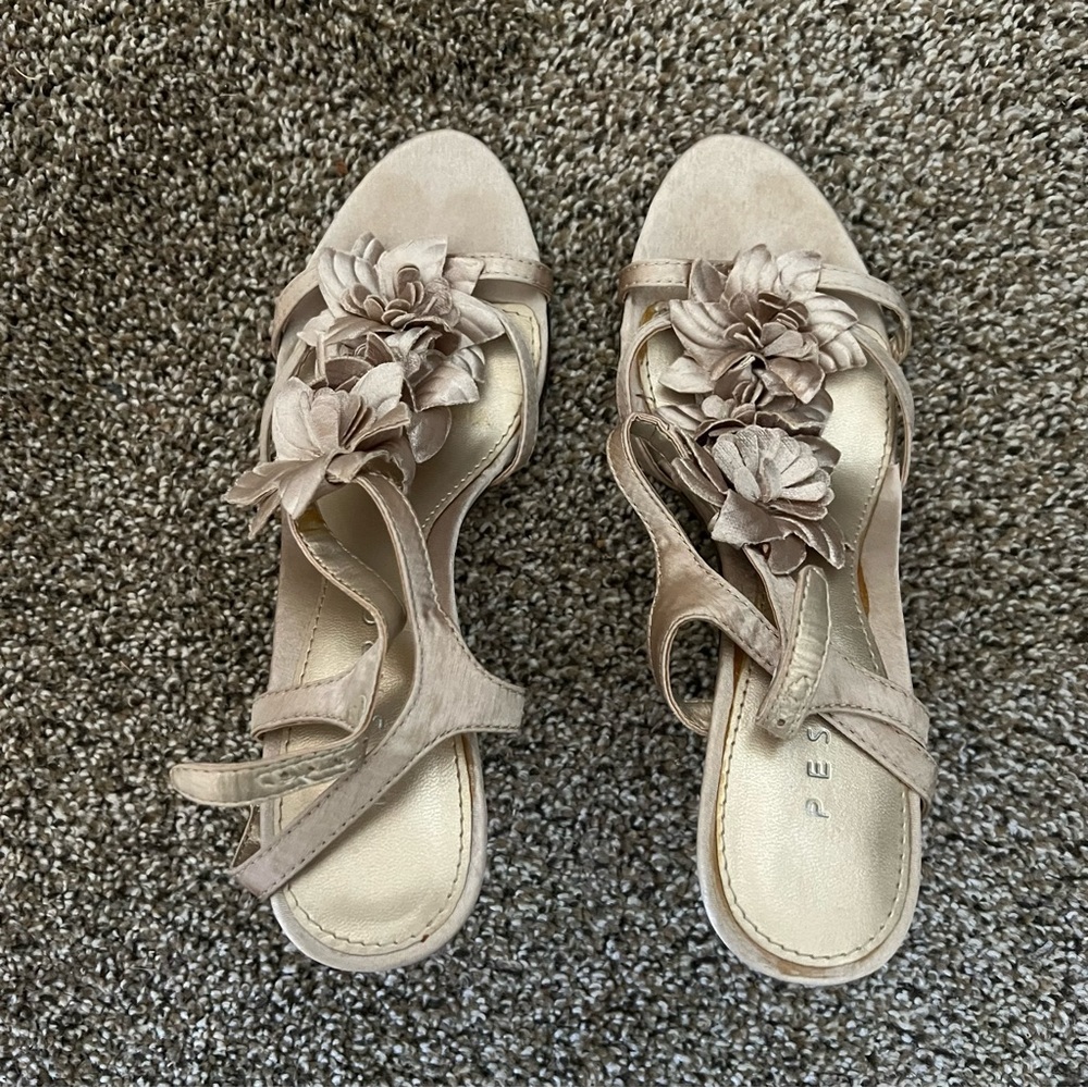 Pesaro Strappy Gold Heels - Floral Satin shoes